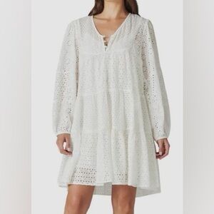 LUCKY BRAND Womens White Lace Eyelet Tiered Vneck Modal Dress